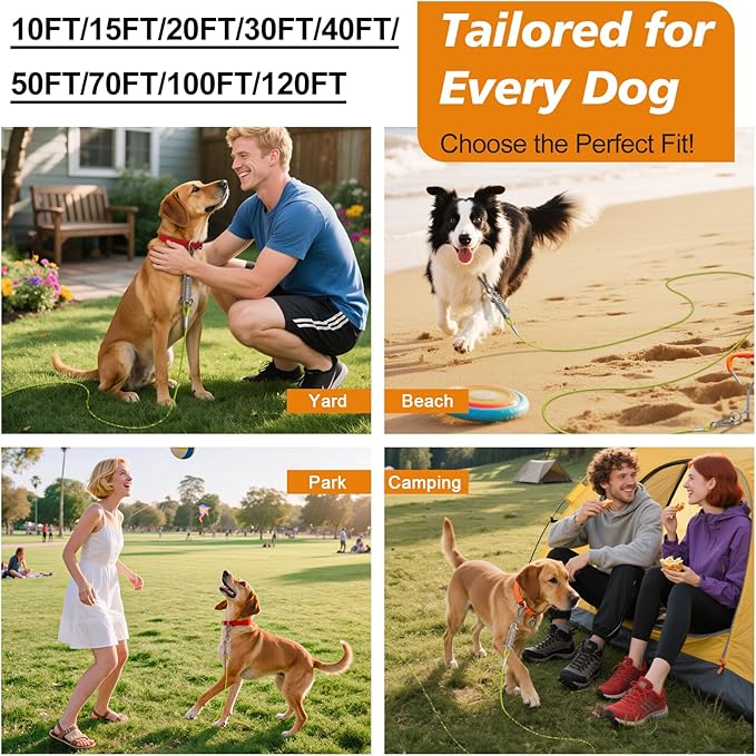 Tresbro 15 FT Dog Tie Out Cable with Spring, Shock Absorbing Tether Chains for Outside Aavilable in 10/15/20/25/30/40/50/70/100/120 FT, Heavy Duty Leads for Yard for Medium & Large Dogs Up to 500 LBS