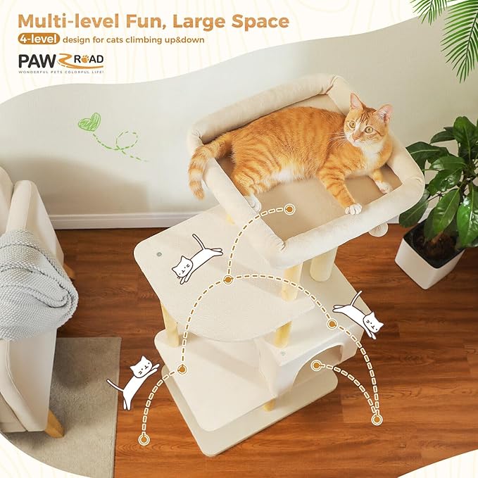 PAWZ Road Large Cat Tree, 53 Inches Modern Wooden Cat Tower for Indoor Large Cats, Multi-Level Cat Condos with Long Scratching Posts and Natural Wood Posts-Beige