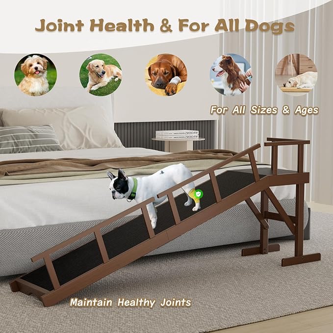 73" Dog Ramp for Bed, Pet Ramp with Removable Side Rail and Non-Slip Surface, Pet Ramp for Small & Large & Senior Dogs with Rest Platform and DIY Glow Strips,Dog Stairs for Couch, Brown