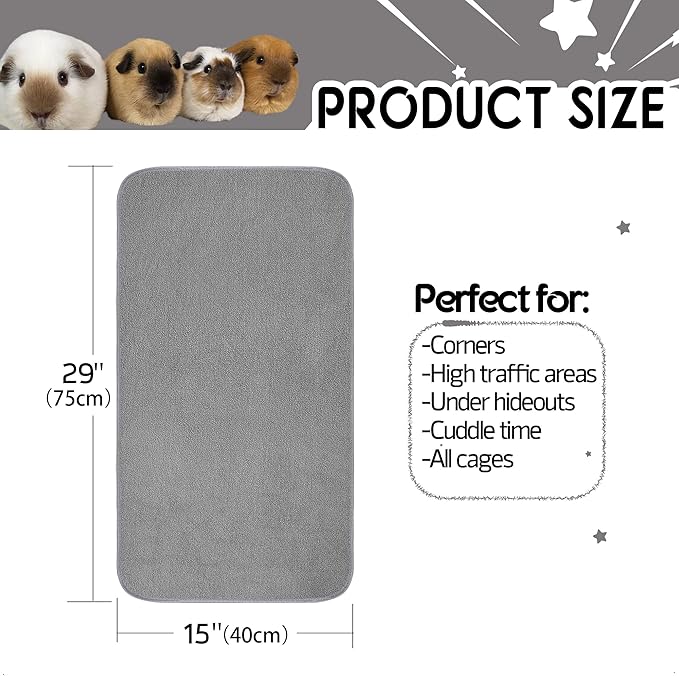 Guinea Pig Cage Liner, 2 Pack - Washable, Reusable, Leakproof Fleece Bedding Pads for Small Animals with Anti-Slip Bottom - for 15''x29'' Area, Gray