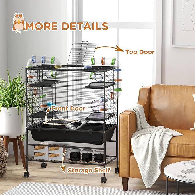 PawHut 32" Large Hamster Cage with Storage Shelf, Rat Cage for Syrian Hamster, Gerbils, with Tubes, Running Wheel, Food Dish, Water Bottle