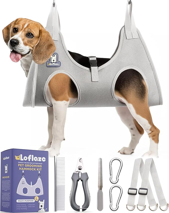 Dog Grooming Hammock Harness for Dogs & Cats with Pet Nail Clipper Trimmer - Cat Hanger Sling for Trimming Clipping Nails- Dog Hammock Restraint Bag for Small Medium Large pet （ Grey L ）