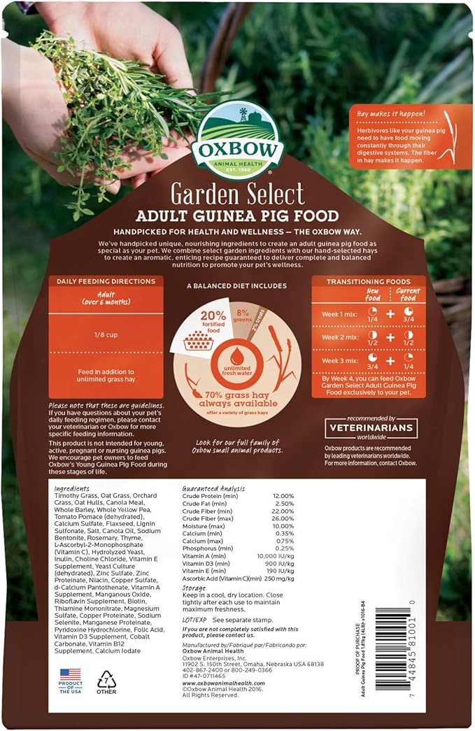 Oxbow Animal Health Garden Select Guinea Pig Food, Adult Guinea Pig, Made Timothy Hay, Vitamin & Mineral Rich Pet Food Pellets, Made in USA, High Fiber, 4 lb Bag