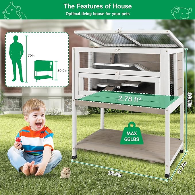 Guinea Pig Cages Wooden Hamster Cage Indoor with Stand and Storage Outdoor Small Animals Habitat with Metal Edges Ramps Hideout House,No Leak and Pull Out Tray, Easy Clean