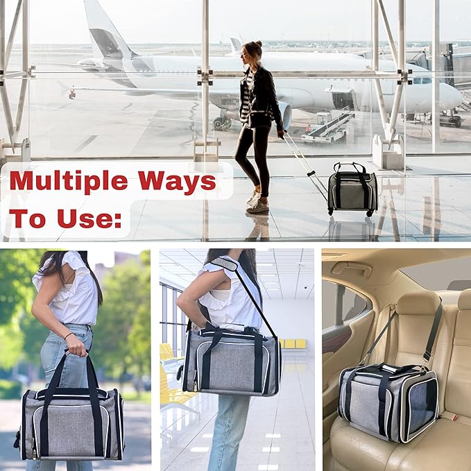 Airline Approved Expandable Premium Pet Carrier on Wheels- Two Sided Expandable Rolling Carrier- Designed for Dogs & Cats- Extra Spacious Soft Lined Carrier! (Grey)