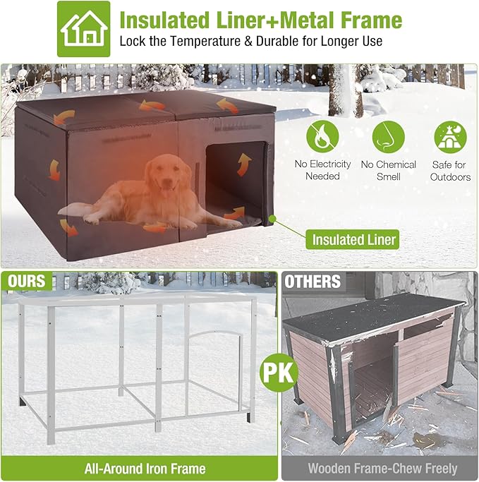 GUTINNEEN 59.1" Extra Large Dog House Outdoor Insulated for Winter with Durable Metal Fame, Grey