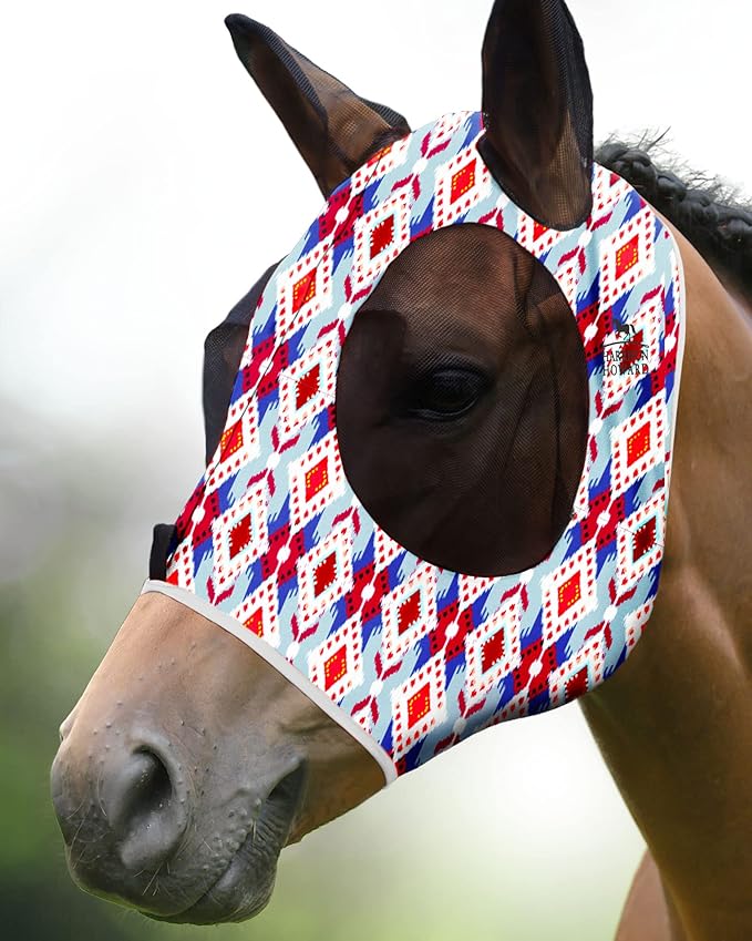 Harrison Howard Super Comfort Stretchy Fitting Horse Fly Mask with UV Protection Soft on Skin with Breathability Tribal Abstract Pony