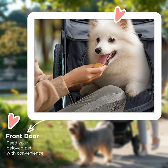 PawHut 3 Wheels Pet Stroller for Small and Medium Dogs, Foldable Cat Stroller Jogger with Adjustable Canopy, Safety Tether, Cushion, Storage Basket, Gray