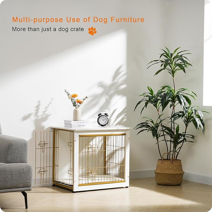 DWANTON Dog Crate Furniture with Cushion, Wooden Kennel Table with Double Doors, Indoor Dog House, Small/Medium/Large Size, 27.2" L, White