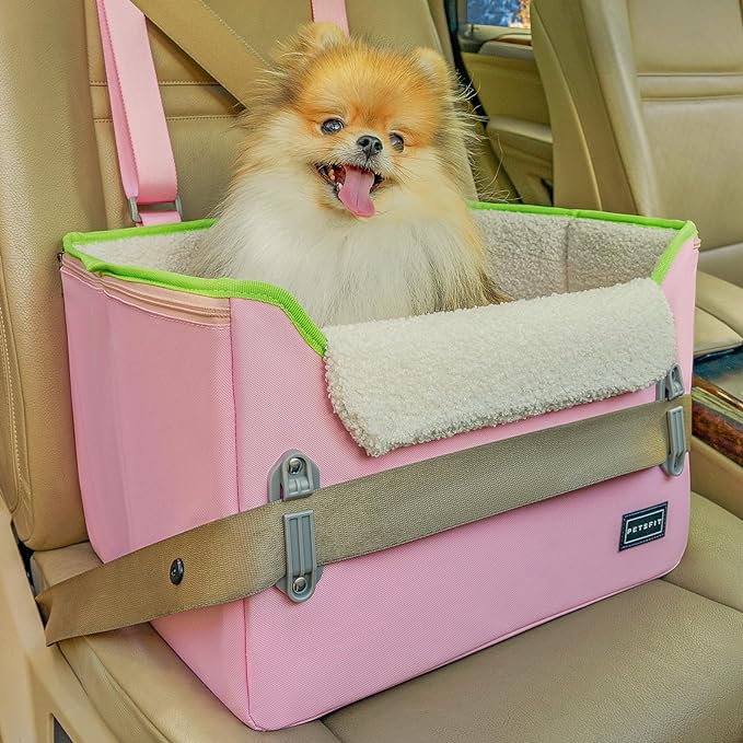 PETSFIT Small Dog Car Seat, Patent Safe Buckles Dog Booster Car Seat, Cat Car Seat with Safety Belt, Suitable for Small Pets Up to 25lbs (Pink)