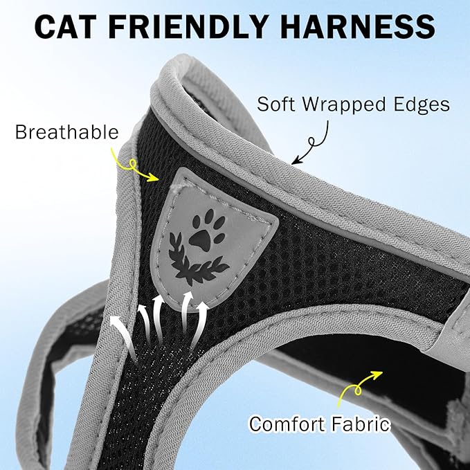SCENEREAL Cat Harness and Leash Set Escape Proof, Adjustable Soft Air Mesh Kitten Harnesses for Girls Boys Small Medium Big Cats, Reflective Light Travel Pet Walking Vest for Puppy Rabbit, Black M