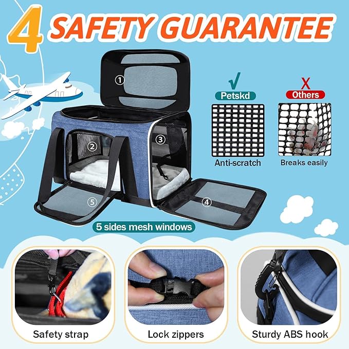 Petskd Top-Expandable Pet Carrier 17x12x8.5 Inches JetBlue Allegiant Spirit Airline Approved, Soft-Sided Carrier for Small Cats and Dogs with Locking Safety Zippers and Anti-Scratch Mesh(Blue)