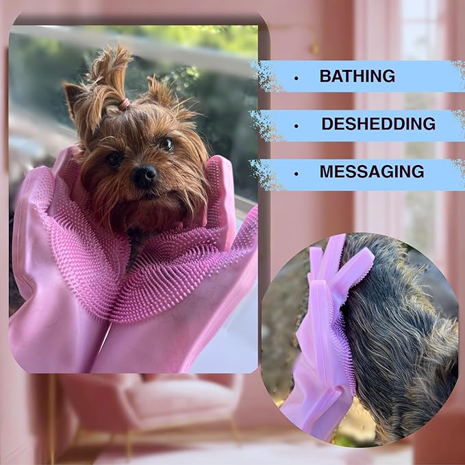 Grooming Gloves for Cats & Dogs - Pet Hair Removal Glove, Silicone Brush for Dog or Cat Washing, Puppy Bath Supplies for Shedding Cleaning Bathing & Massage, Fur Remover Mitt, Shower Shampoo Scrub