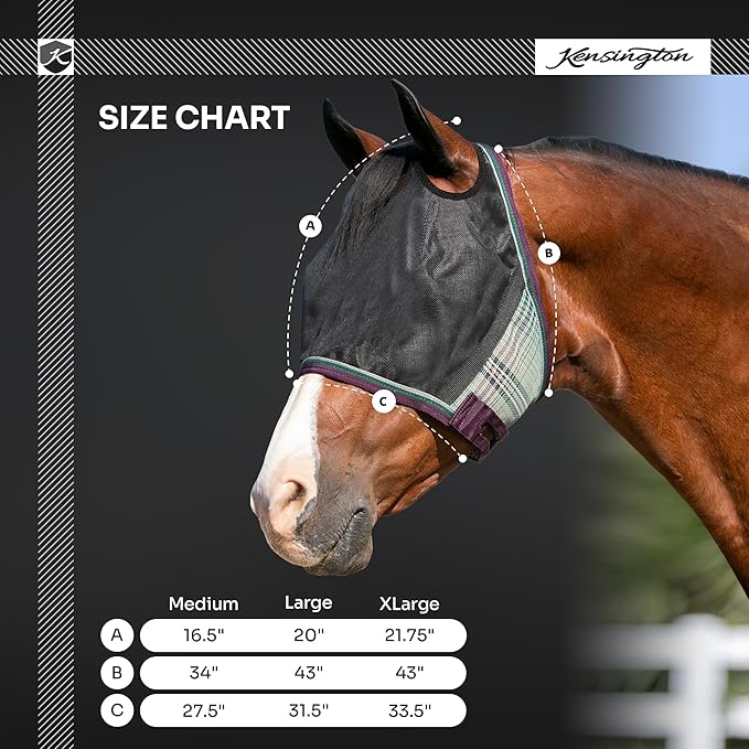 Kensington 90% UV Fly Mask Halter CatchMask UViator - Without Ears & Forelock Freedom Web Trim *Roomy Fit*- X-Large, Deluxe Black