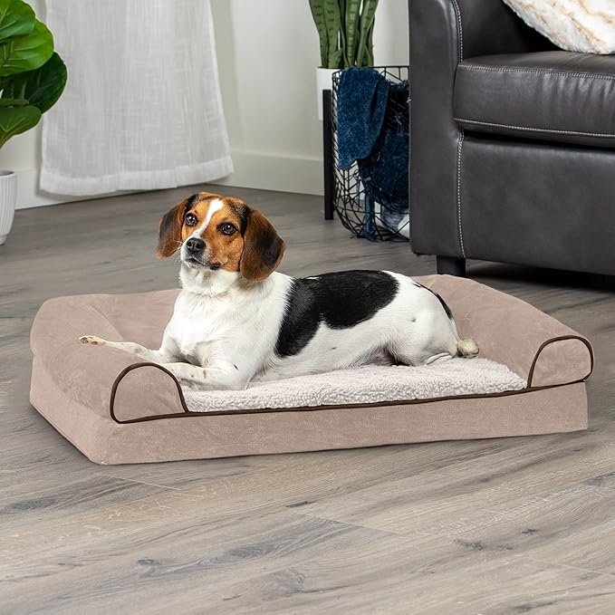 FurHaven Soft, Orthopedic Foam Sofa Dog Bed with Washable & Removable Cover - Sherpa/Chenille - Cream, Dogs Up to 35 lbs - Medium