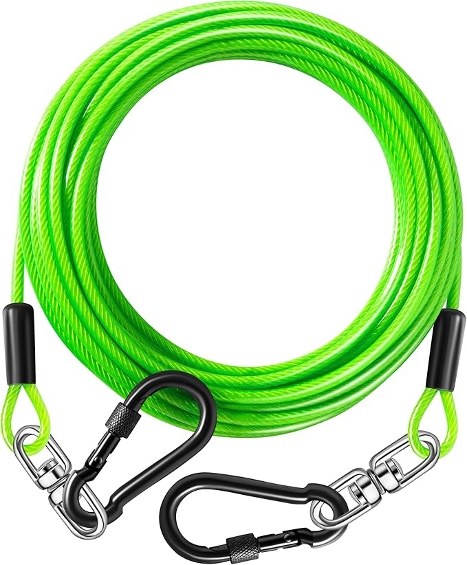 Dog Tie Out Cable 15FT-500Lbs,Heavy Duty Dog Leads&Tether for Yard with Swivel Hook,Small Large Dogs Leash Line for Outside,Rust Chew Proof Dogs Run Cable for Outdoor Camping (Green, 15FT)