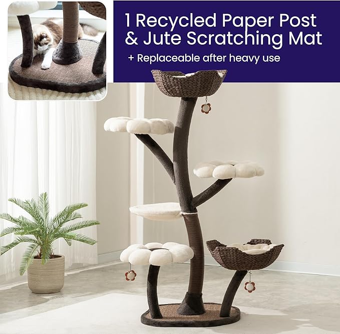 Catry Blossom 59" Flower Cat Tree with Replaceable Flower Perches and Scratching Posts, Handwoven Baskets with Washable Beds, Durable Iron Frame for Large & Multi-Cat Homes