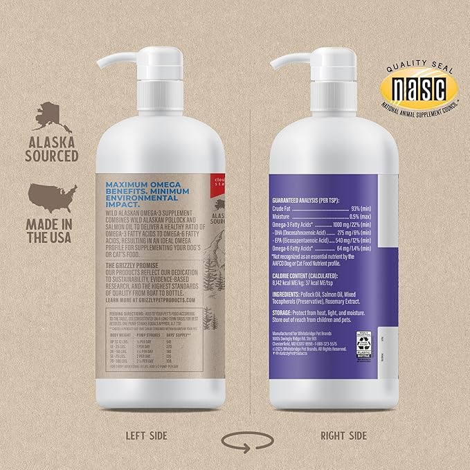 Grizzly Pet Products Omega Health Liquid Omega-3 Supplement for Dogs and Cats, 32 Ounce Bottle