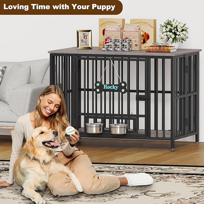 Easycom 41" Dog Crate Furniture Foldable, No Assembly Decorative Dog Kennel Indoor, Dog Crates for Large Dogs (40-65 lbs), Wooden Dog Cage with Adjustable Bowls and Name Tag, End Table, Oak Grey