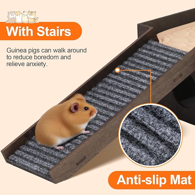 Guinea Pig Hideout, Upgraded Guinea Pig Castle House, Wooden Rabbit Hideout, Guinea Pigs Hideouts and Houses, Large Bunny House, Small Animal Chinchilla House Habitats with Stairs