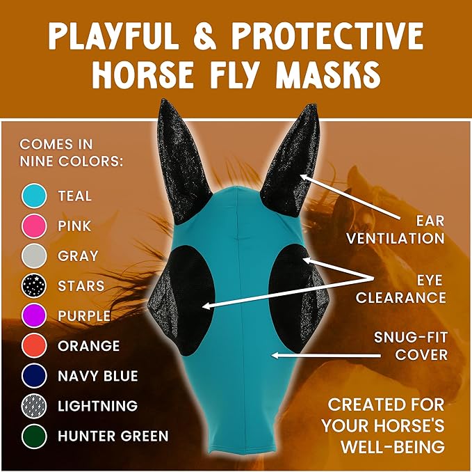 Horse Fly Mask - Durable Equine Fly Mask with Full Coverage for Eye & Ear - Stretchable, UV & Sun Protection Flymask for Horses, Ponies & Mini Horses - Horse Face Cover for Pasture & Trail - Green