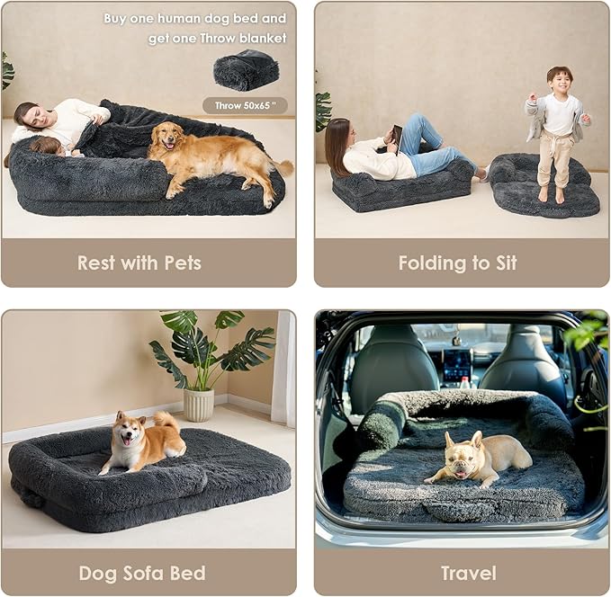 EHEYCIGA Foldable Human Dog Bed, Orthopedic Memory Foam Human Sized Dog Bed, Waterproof Pet Bed for People, Faux Fur Pet Couch for Adult, Dark Grey, 72"x44"x11"