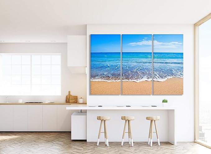 Nature Wall Art Prints - Ocean Forest Mountain Lake Canvas Landscapes - Small to Extra Large Living Room Bedroom Kitchen Bathroom Décor (Sandy Ocean Beach, 35L" x 53W" - 3 Panels)