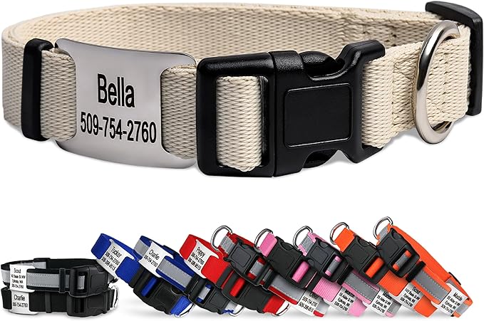 GoTags Personalized Dog Collar with Nameplate, Adjustable Dog Collar with Custom Engraved Slide On Pet ID Tag in Stainless Steel, Silent, No Noise Dog Tag (Beige, X-Small)