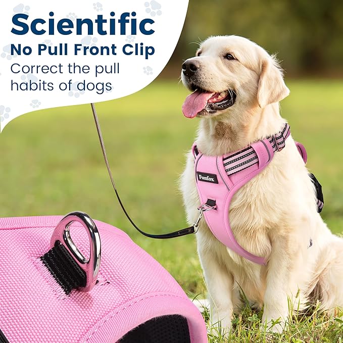Funfox Dog Harness No Pull, Adjustable Pet Vest Harness, Super Soft Material with Vertical Handle Easy Control, Reflective Night Walking, 2 Leash Clips for XLarge Dogs, Pink, XL