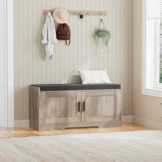 2-Tier Storage Bench, Shoe Bench with Thickened Padded Seat Cushion, Entryway Bench with 2 Doors, Adjustable Shelf, 13.8" D x 37.4" W x 18.5" H, for Entryway, Living Room, Bedroom, Greige