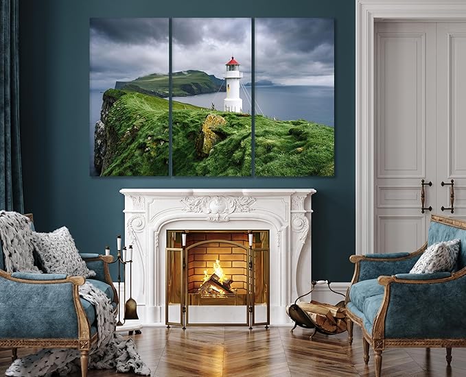Nature Wall Art Prints - Ocean Forest Mountain Lake Canvas Landscapes - Small to Extra Large Living Room Bedroom Kitchen Bathroom Décor (Stormy Sky Lighthouse, 55L" x 83W"- 3 Panels)