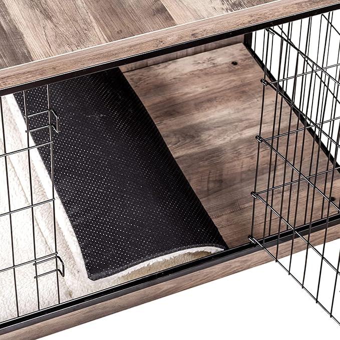 DWANTON Dog Crate Furniture with Cushion, Wooden Kennel Table with Double Doors, Indoor Dog House, Large Size, 38.5" L, Greige