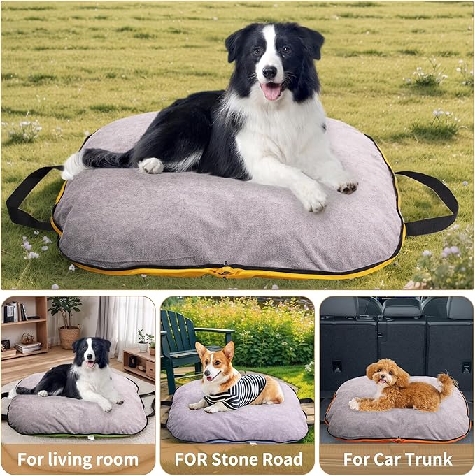Portable Waterproof Dog Mat for Camping, Patio & Travel - Foldable Outdoor Dog Bed with Teflon Shell & Removable Plush Pad - Easy Clean, Durable - L (Khaki)