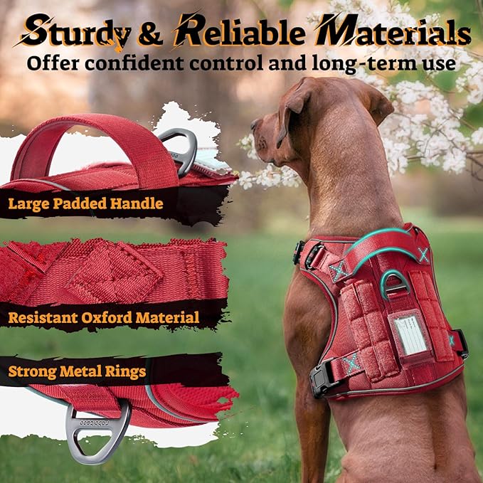 rabbitgoo Dog Harness for Large Dogs No Pull, Tactical Service Pet Vest with Molle and Control Handle, Adjustable and Reflective Military Harness for Easy Walking and Training, Red, XL