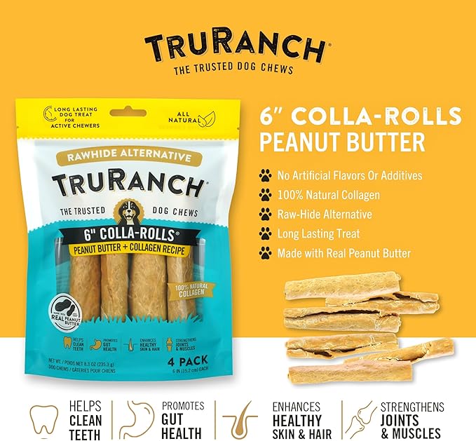 Collagen Rolls - 6" Collagen Rolls for Dogs - Long Lasting Healthy Joint Support - Rawhide Alternative - Skin & Coat Health - Made with Real Peanut Butter, Value Pack, 15 Bags, 60 Count