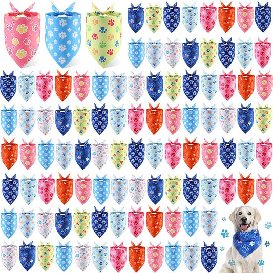 100 Pieces Paw Print Dog Bandanas Bulk Paw Bandanas for Dogs Soft Bibs Adjustable Triangle Doggie Scarves for Small Medium Large Pets Party Costume