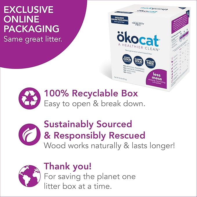 ökocat Less Mess Low Tracking Wood Clumping Cat Litter Mini- Pellets, Unscented, 18.6 pounds - Natural Ingredients, Stops Odor, Clumps Solid, 99% Dust Free, Great for Long-Hair Breeds