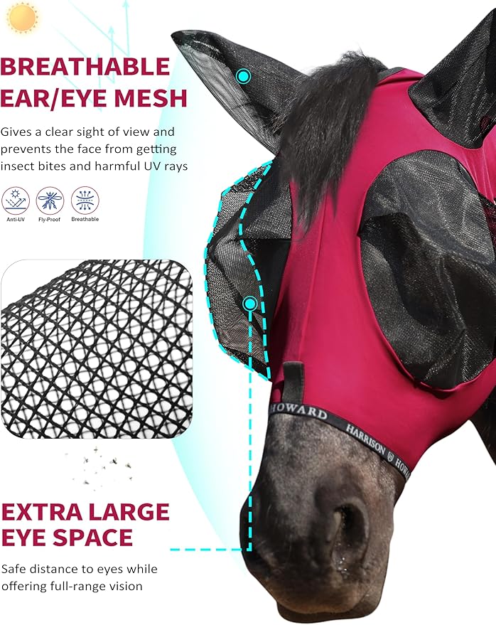 Harrison Howard Horse Fly Mask with Forelock Opening Stretch Breathable and Comfortable for Horses UV -Protection Burgundy L