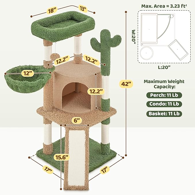 Yaheetech Cactus Cat Tree, 42in Cat Tower for Indoor Cats, Multi Level Kitten Condo Scratching Post, Pet Activity Center Furniture w/Ball, Plush Perch, Platform, Basket, Brown/Green