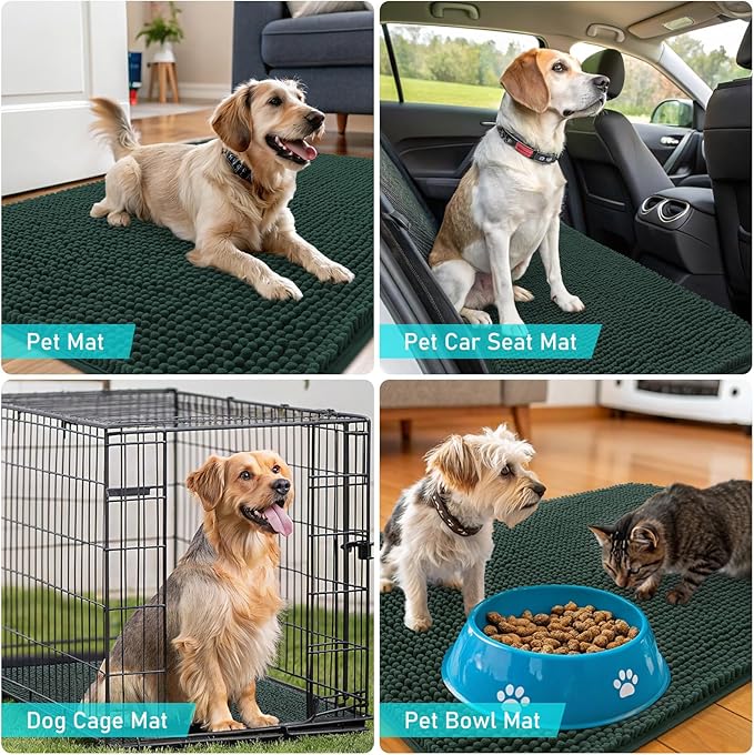 OLANLY Dog Door Mat for Muddy Paws 47x17, Absorbs Moisture and Dirt, Absorbent Non-Slip Washable Doormat, Quick Dry Chenille Mud Mat, Entry Indoor Entryway Carpet for Inside Floor, Blackish Green