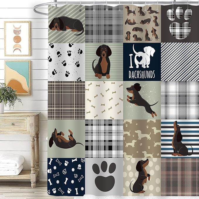 Sausage Dog Shower Curtain Set，Dachshund Grey Brown Grid Fun Animals Bathroom Decoration，Polyester Fabric Waterproof Bath Curtain 72x72 Inch with 12 Hooks
