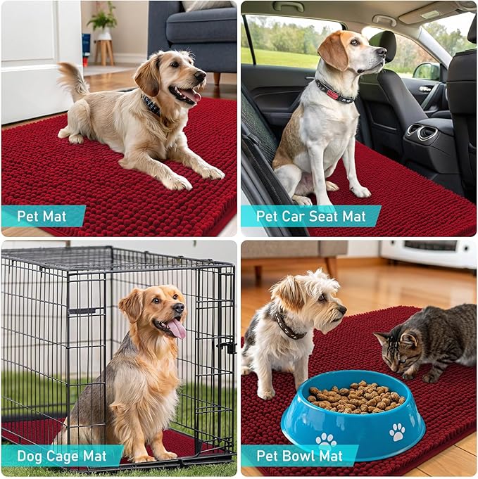 OLANLY Dog Door Mat for Muddy Paws 30x20, Absorbs Moisture and Dirt, Absorbent Non-Slip Washable Doormat, Quick Dry Chenille Mud Mat for Dogs, Entry Indoor Entryway Carpet for Inside Floor, Red