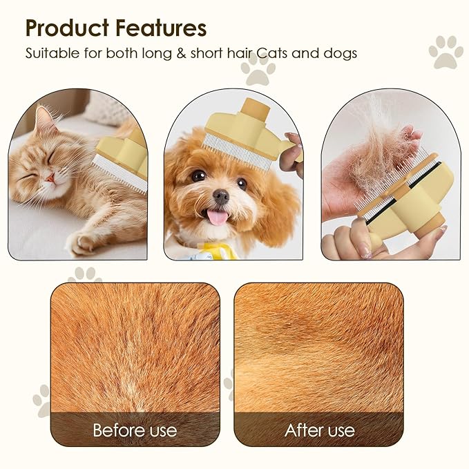 Flea Comb for Cat Hair Removal Comb, 2025 New Self-Cleaning Flea Brush for Cats and Dog, Comfort Cat Hair Removal Tool with Long & Short Stainless Steel Metal Grooming Brush(Yellow)