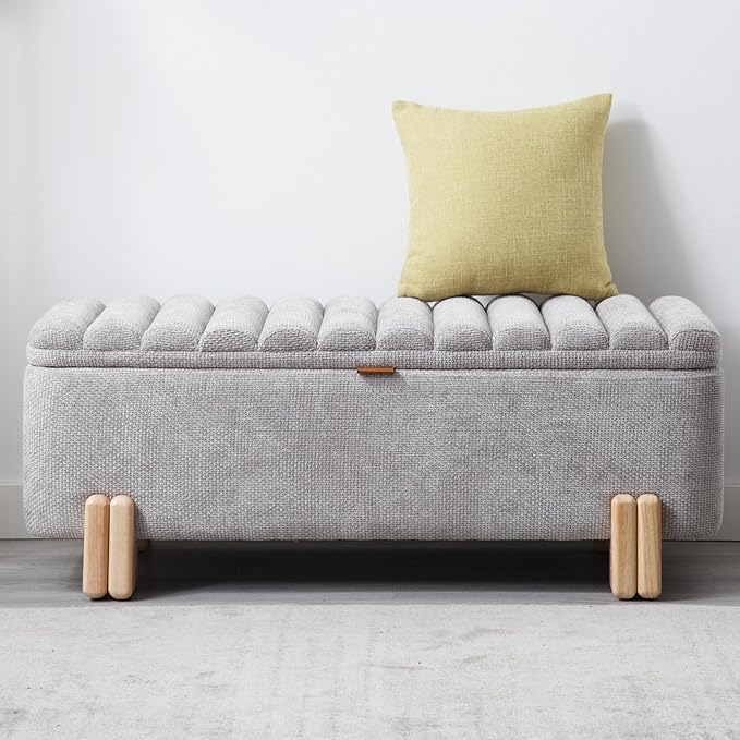 Wavy Ottoman Storage Bench Multi-Functional Narrow Entryway Bench Elegant End of Bed Bench with Storage and Safty Hinge for Living Room Entryway Hallway Bedroom Boutique, Grey