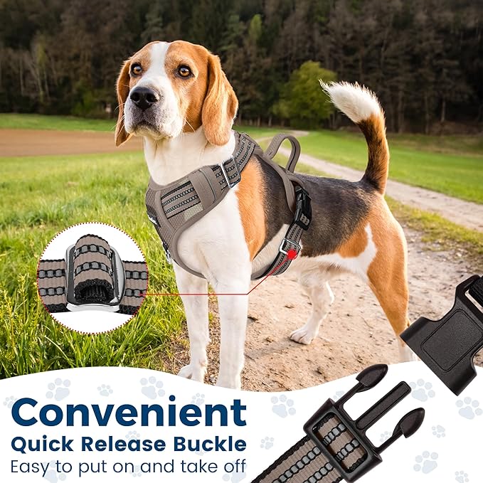 Funfox Dog Harness No Pull, Adjustable Pet Vest Harness, Super Soft Material with Vertical Handle Easy Control, Reflective Night Walking, 2 Leash Clips for Medium Sized Dogs, Camo Brown, M