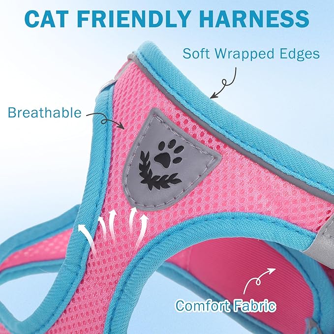 SCENEREAL Cat Harness and Leash Set Escape Proof, Adjustable Soft Air Mesh Kitten Harnesses for Girls Boys Small Medium Big Cats, Reflective Light Travel Pet Walking Vest for Puppy Rabbit, Pink M