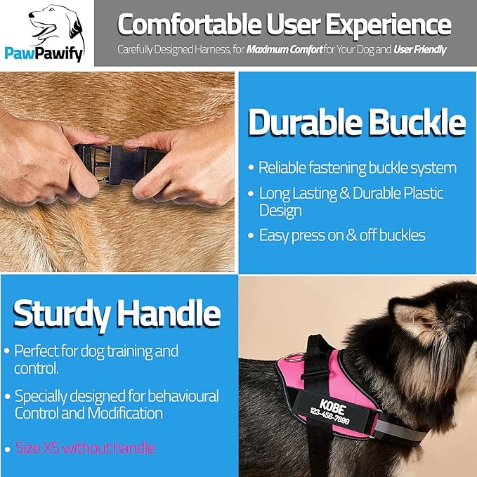 PawPawify Custom No Pull Dog Harness with Name and Phone Number, Heavy Duty Personalized Pet Vest to Prevent Tugging, Pulling, or Choking, Training and Walking (Black, XS (5-9LBS))