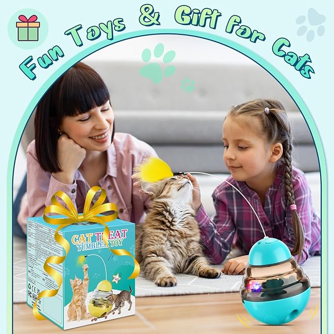 Tumbler Cat Toys for Indoor Bored Cats,Fun Wand Toy and Feather Toys Slow Feeder with Flash Ball,Cat Toys for Indoor Cats to Loss Weight and Exercise Feeding Pet Supplies Birthday Gift (Blue)