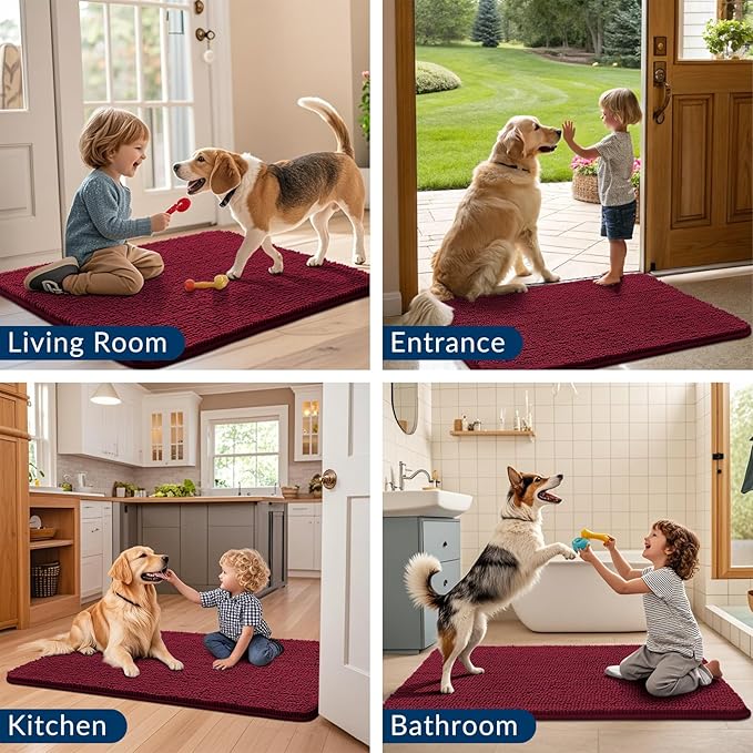 Smiry Dog Door Mat for Muddy Paws 30x20, Absorbs Moisture and Dirt Doormat, Non-Slip Washable Quick Dry Chenille Front Door Mat Indoor Entrance, Entryway Carpet for Inside Floor, Burgundy