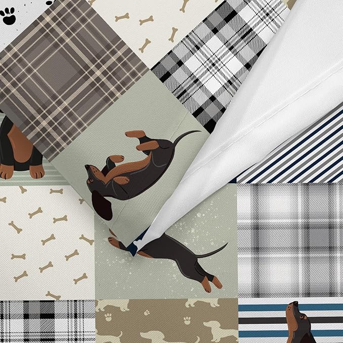Sausage Dog Shower Curtain Set，Dachshund Grey Brown Grid Fun Animals Bathroom Decoration，Polyester Fabric Waterproof Bath Curtain 72x72 Inch with 12 Hooks